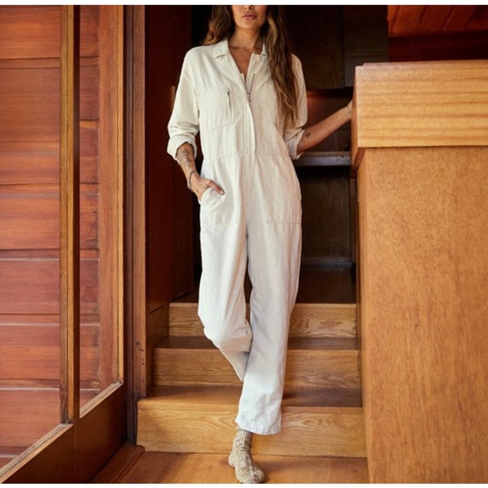 OUTERKNOWN Station Jumpsuit Womens Small Natural Long Sleeve One Piece Linen NEW